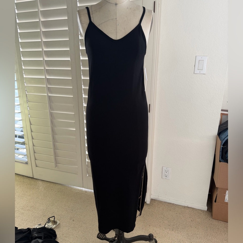 Casual Black rib knit Slip Midi Dress with Side Slit